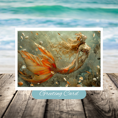 Ethereal Tides: A Mermaid's Golden Melody Greeting Card