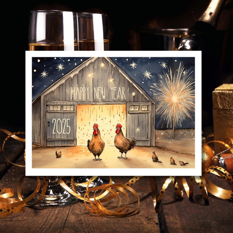 Chicken Farmhouse New Year Celebration Card