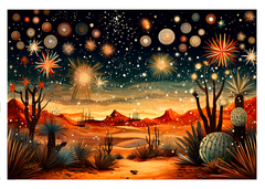 New Year in the Desert nighttime sky filled with fireworks Celebration Greeting Card