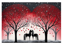 Starry Love: Romantic Horses Greeting Card with Floating Hearts