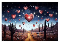 product title hearts floating in the night sky Desert Love Greeting Card