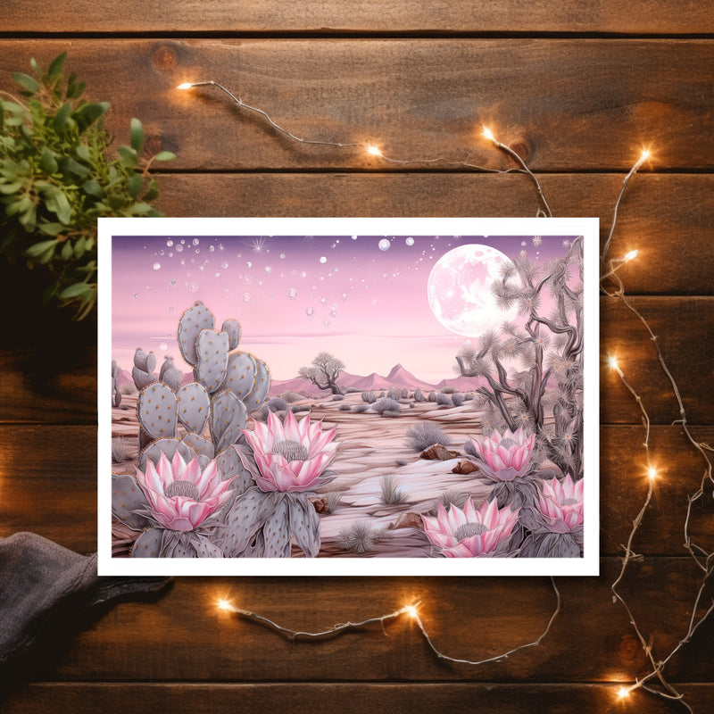 Desert Blush: Pink Moonlit Cactus Greeting Card