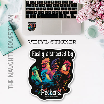 Easily Distracted by Peckers Funny Rooster Sticker