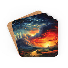 Embracing the Storm: The Road Home Beneath the Fiery Sunset Coaster Set