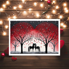 Starry Love: Romantic Horses Greeting Card with Floating Hearts